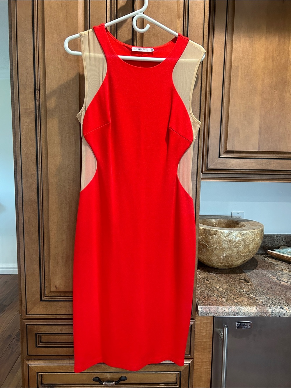 Bailey 44 Red midi Dress with Nude Mesh Panels size large